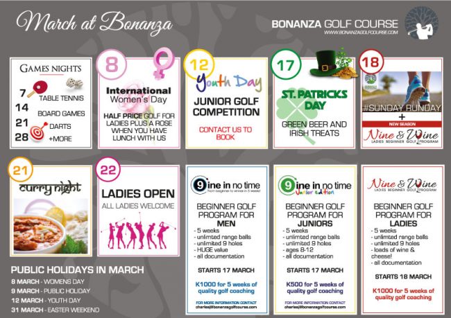 SPEND THE UPCOMING PUBLIC HOLIDAYS WITH US, what;s on this march, bonanza, bonanza golf course, lusaka, zambia