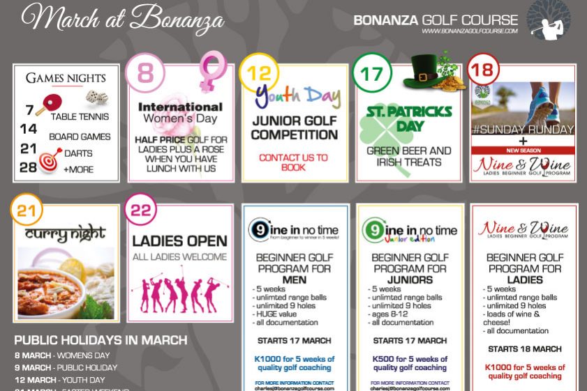 calendar SPEND THE UPCOMING PUBLIC HOLIDAYS WITH US, what;s on this march, bonanza, bonanza golf course, lusaka, zambia